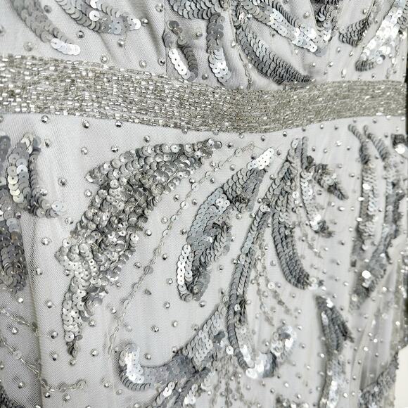 Mac Duggal 5222 Sequined Faux Wrap Split Long Sleeve Gown Platinum 6 $598 NEW - Picture 7 of 16
